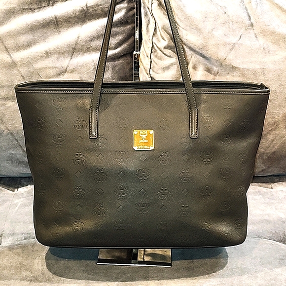 MCM MONOGRAM EMBOSSED BLACK/GRAY SMOOTH COWHIDE TWO-WAY TOTE / SHOULDER BAG EUC - Picture 1 of 16